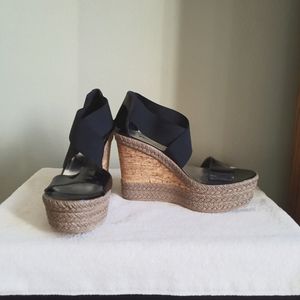 Browns Black Patent Leather And Elastic Wedge Sandal Size 8